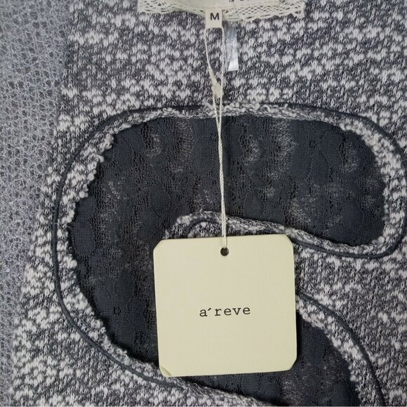 A’reve Women’s Sheer Mesh Mixed Media Pullover Top Gray M Raw Edge Lace Detail - Picture 3 of 7